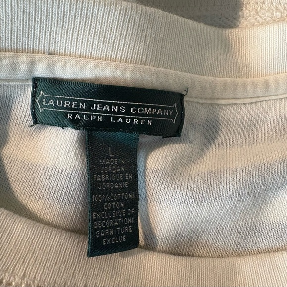 LRL Lauren Jeans Co Women’s Blue and White Stripe 3/4 Sleeve Side Drawstring Top - Picture 9 of 10